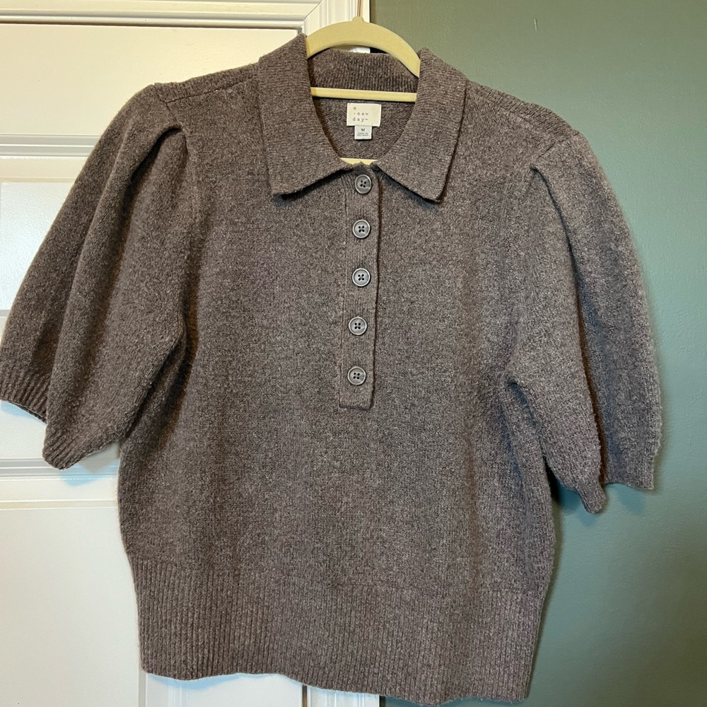 Gray-Brown Button-Up Knit Top